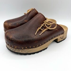 Dirndl + Bua Clogs Brown Leather upper shoes wooden sole Classic backless